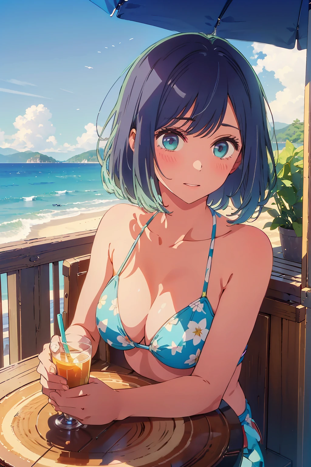 (Highest quality:1.4、masterpiece:1.4、Super detailed:1.4、8K:1.4)、((((1 person、Surprised expression、sit、Outdoor café terrace、coastal、juice、table、Sandy Beach、bikini、juiceのグラスを持つ、Big eyes、Shallow depth of field、Very cute face))))、(((sunset、Sunset)))、(((bikiniサイズは小さい)))、F cup bust、Big Breasts、Get up close and take a photo
