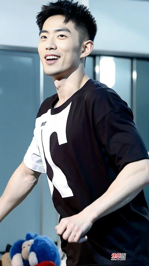 Korean man, Inspiration from Peng Yuyan, 30 years old, 236 years old, Cute Korean Face, 35 yo, 33 year old Korean muscular man,Gym in the background, black t-shirt , open mouth smile