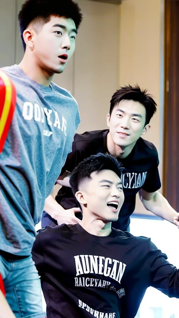 Korean man, Inspiration from Peng Yuyan, 30 years old, 236 years old, Cute Korean Face, 35 yo, 33 year old Korean muscular man,Gym in the background, black t-shirt , open mouth smile