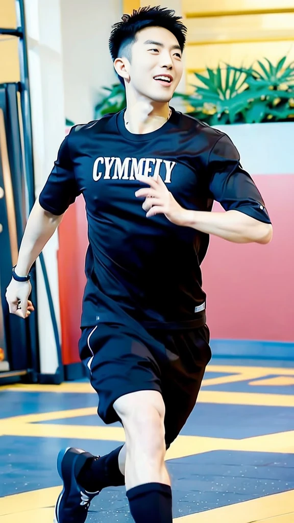 Korean man, Inspiration from Peng Yuyan, 30 years old, 236 years old, Cute Korean Face, 35 yo, 33 year old Korean muscular man,Gym in the background, black t-shirt , open mouth smile