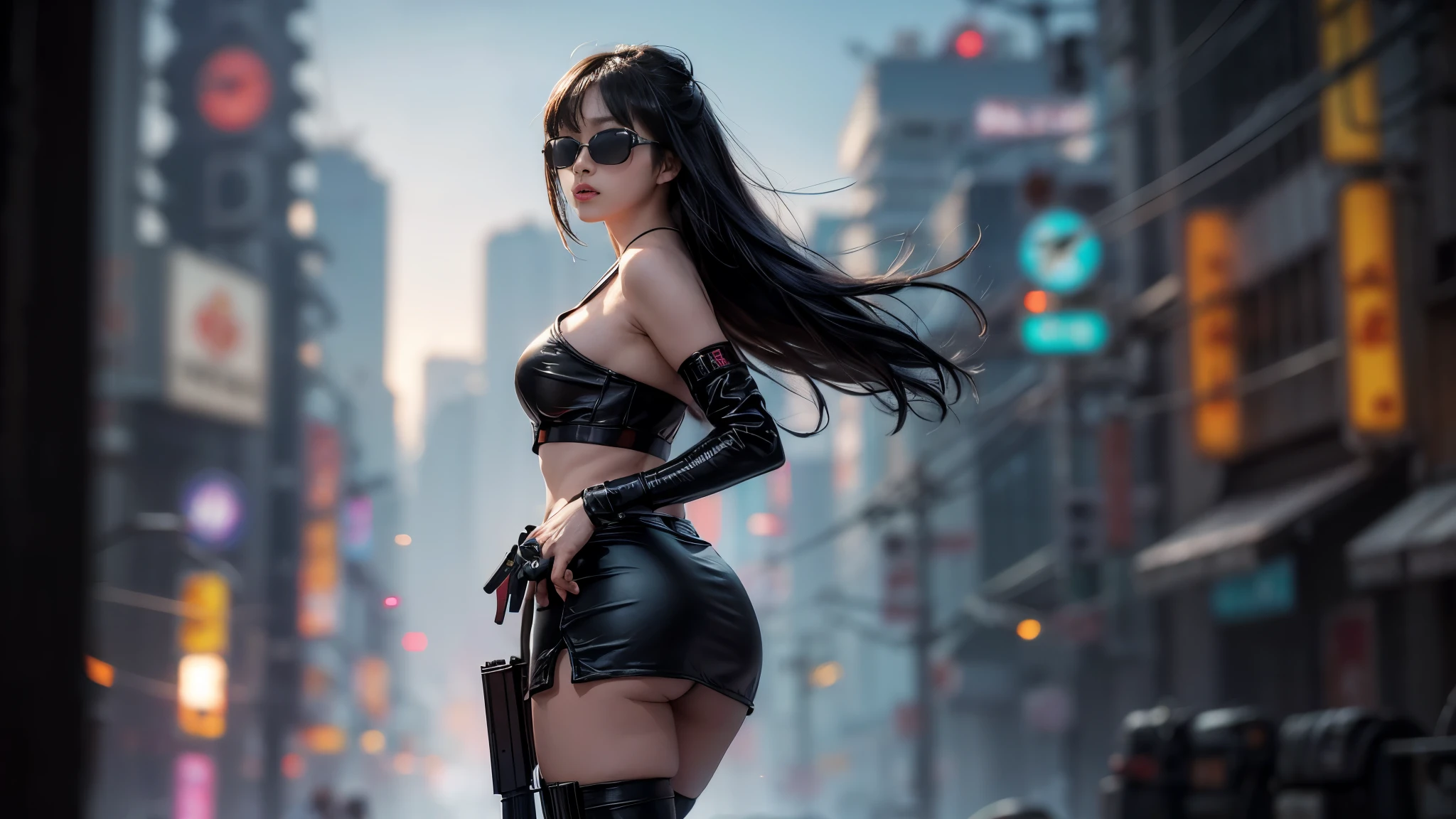 8k, Realistic Skin Texture, Realistic Photo, Neo Tokyo, slim Japanese women, large-breast:1.3 cleavage:1.2, AD2050 at night, Dirty hunting jacket, Wearing tube top, miniskirt, (((black sunglasses, automatic rifle, sneakers, cold, shooting pose, low angle view))), Innovative composition, revenge, cyberpunk, blade runner worldview, Large neon sign, Geisha hologram sign, Strong Wakamoto Sign.