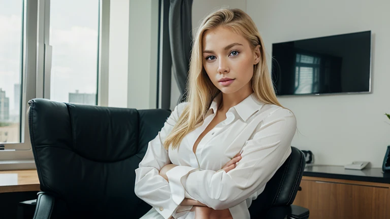 Very attractive blonde woman in an expensive business suit. blue eyes, facing the camera. In an expensive appartment. Sitting in an office chair, facing the camera.
