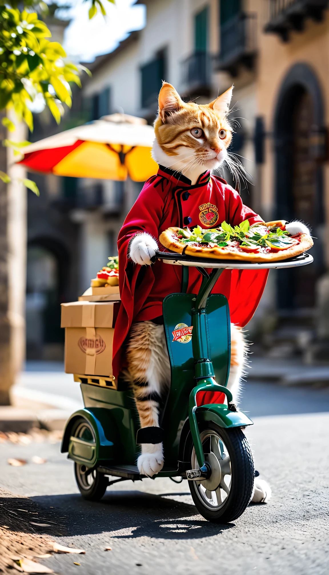 A cat wearing a PIZZA-LA uniform delivers pizza on a tricycle