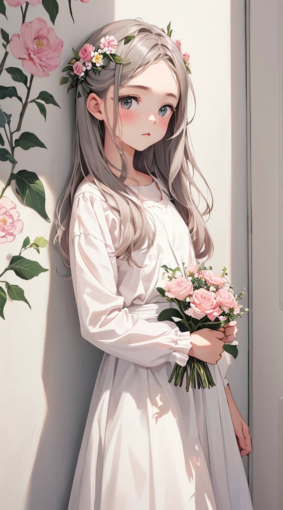 A white wall with a picture of flowers、A wall decorated with artistically painted pink flowers、One Girl、Adorable girl、Cute face、Gray Hayne's Eyes、silence、Zazen、Small breasts、Intricately decorated costumes、Highest quality、Best image quality、masterpiece:1.3、Portraiture、8hair、Perfect lighting、Professional Photographer、Off-the-shoulder dress、