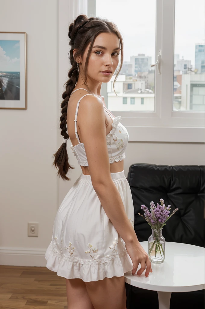 Create a hyper-realistic digital painting of a young woman with long, dark hair styled in two braids with buns. She is standing confidently in a modern room, wearing a fitted, white and lavender mini dress with delicate black floral embroidery and ruffled trim. The dress features a lavender bra-like top. The background includes contemporary decor with a vase of pink tulips visible on a side table, and a large window letting in natural light, highlighting the details of her outfit and the room. The woman's expression is confident and inviting.