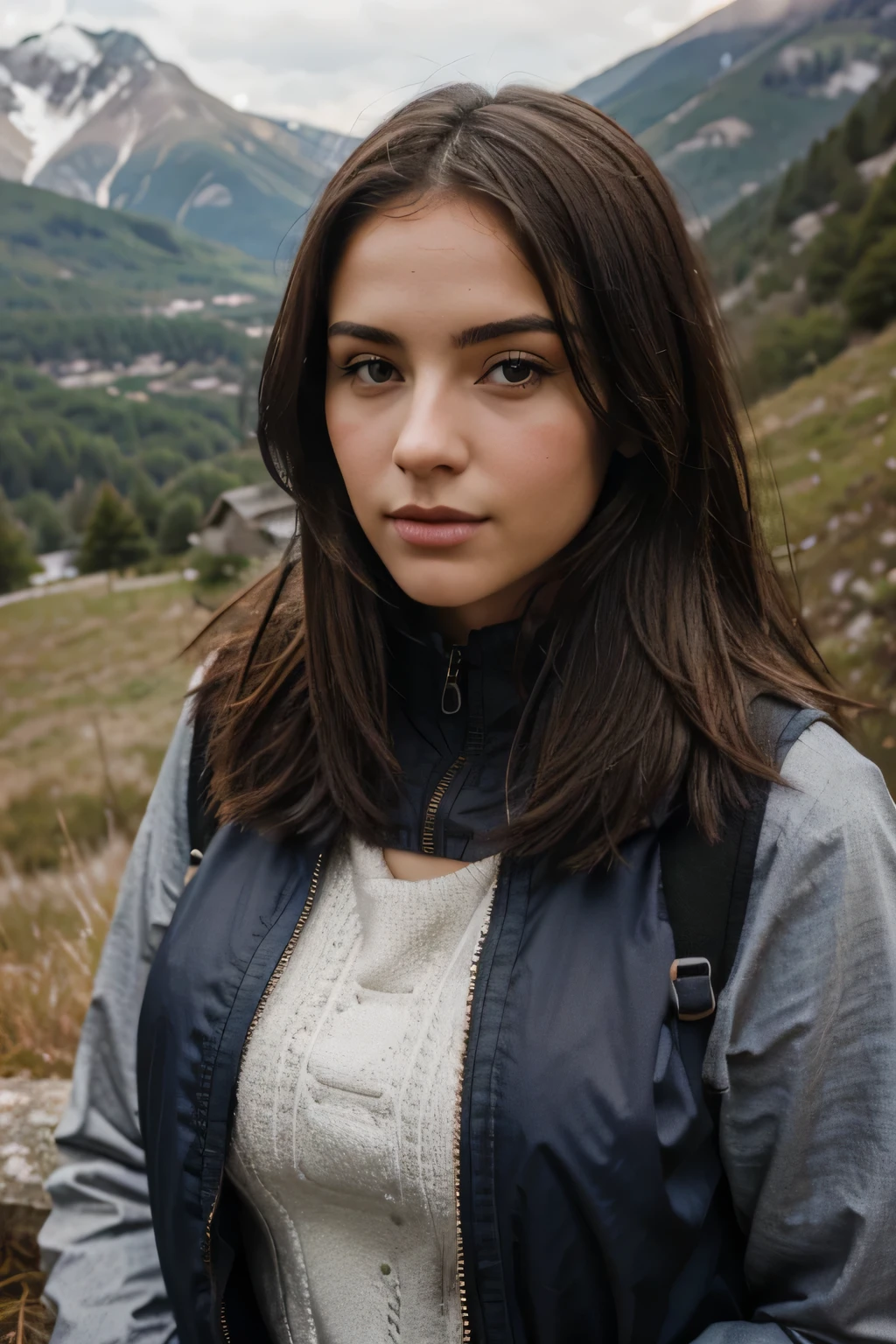 femme brune realiste a la montagne en tenue de montagne sexy, ultra realistic
