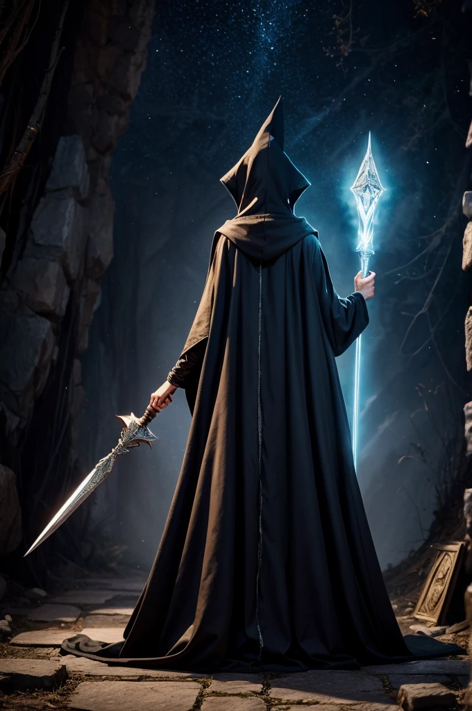 Witch woman from back and full body, with wizard's cloak, wizard's robes, with wooden staff and diamond tip, hooded cloak movement, ancient wizard's command and white background