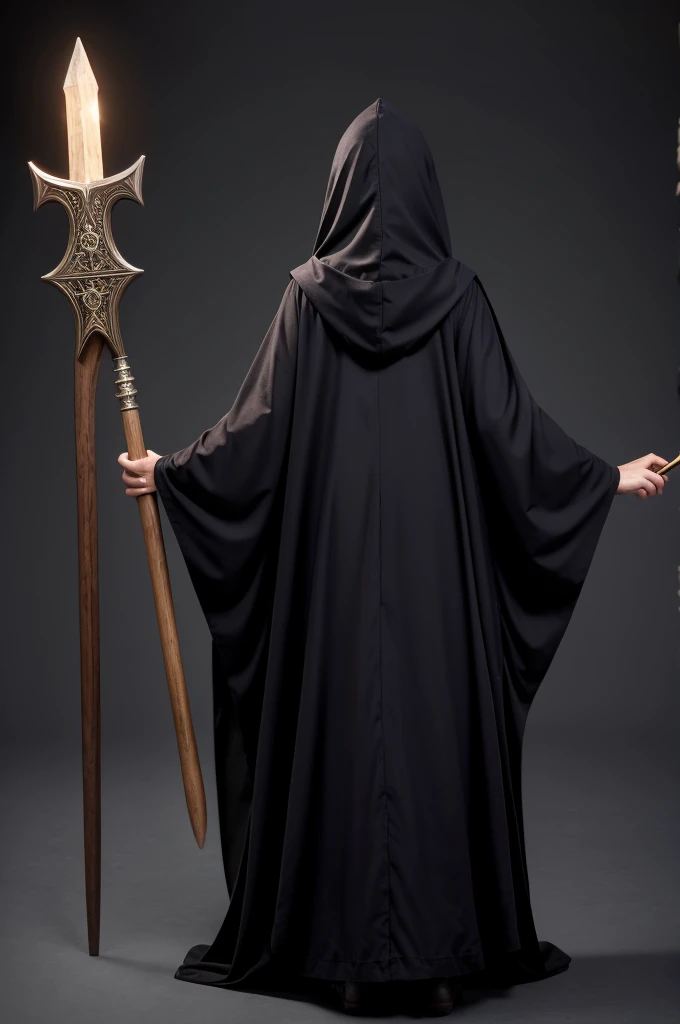 Witch woman from back and full body, with wizard's cloak, wizard's robes, with wooden staff and diamond tip, hooded cloak movement, ancient wizard's command and white background