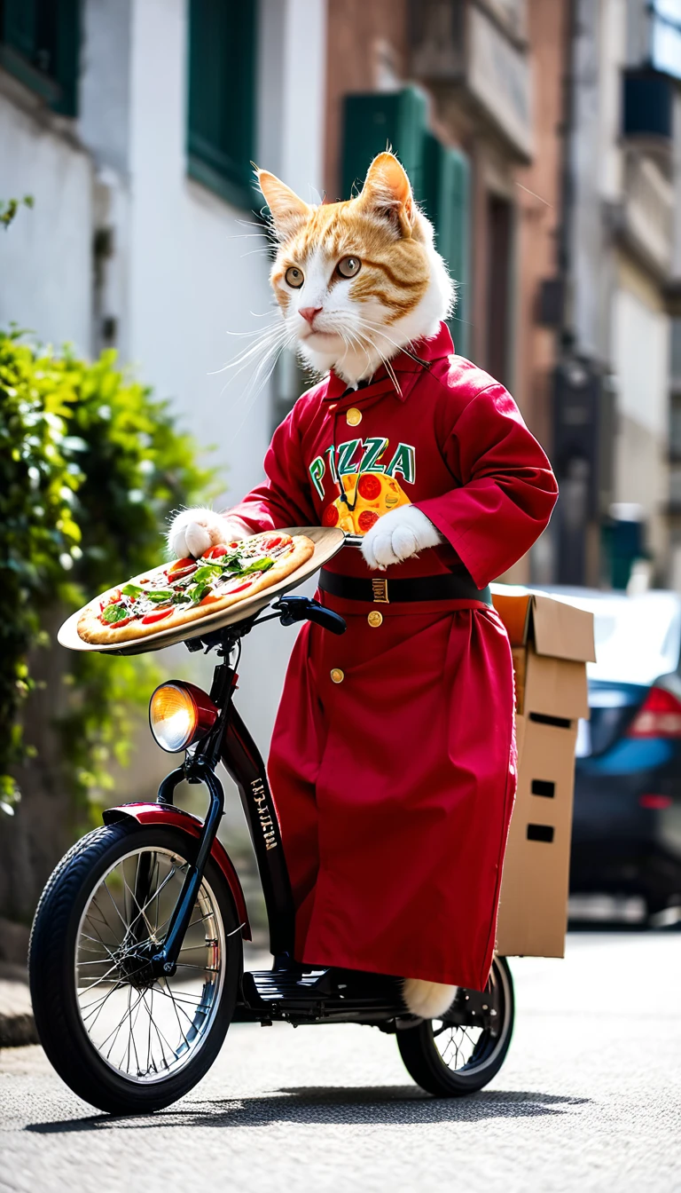 A cat wearing a PIZZA-LA uniform delivers pizza on a tricycle