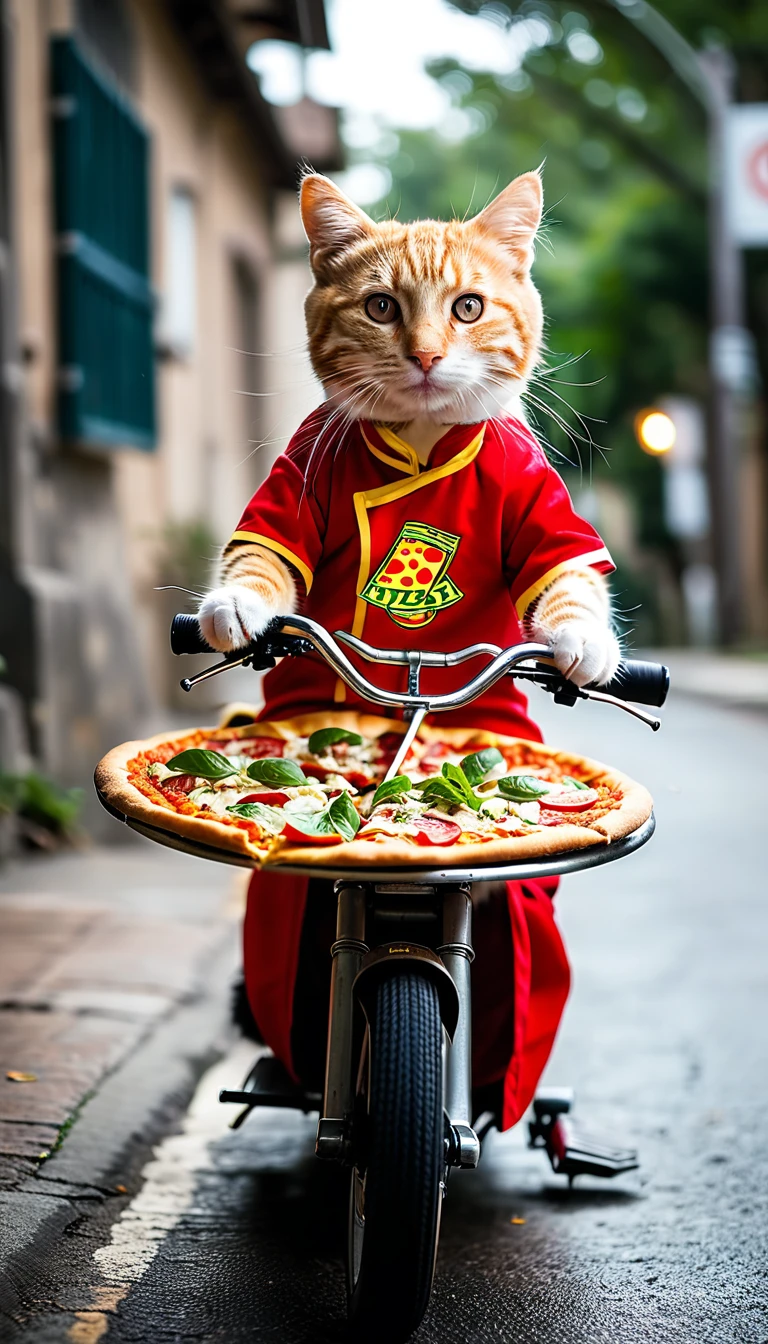 A cat wearing a PIZZA-LA uniform delivers pizza on a tricycle