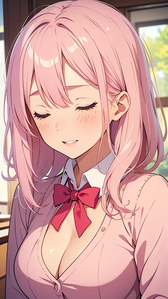 8k,(High quality:1.4),(best quality:1.4),(masterpiece:1.4),(busty breasts:1.4),(beautiful face:1.3),(beautiful woman:1.3),(pale pink hair:1.4),medium hair,a mole around the mouth,(enjoy:1.6),(closed eyes:1),(burst into laughter:1.4), (squinting:1.2)(school uniform:1.1),(beige sweater:1.2),(close-up:1.2),a bow tie