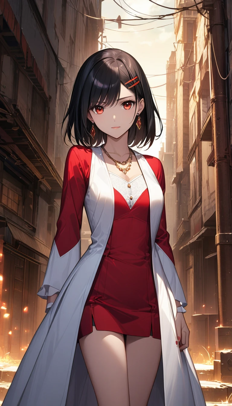 In the second season of the series "Eichi Devil," the main character of Kami no Yutsu Aya Ne is depicted in a captivating and powerful illustration. She stands alone, Its long, loose black hair, decorated with a red hairpin, her eyes glow with a hint of sadness and determination. Her outfit is elegant and stylish, consists of a white blouse, Red dress, and matching knee-high boots. A red necklace and earrings add a touch of sophistication to her look... The look on her face is one of determination., her lips are slightly parted in a determined smile. background dark, moody abandoned city scene, with a faint glow.