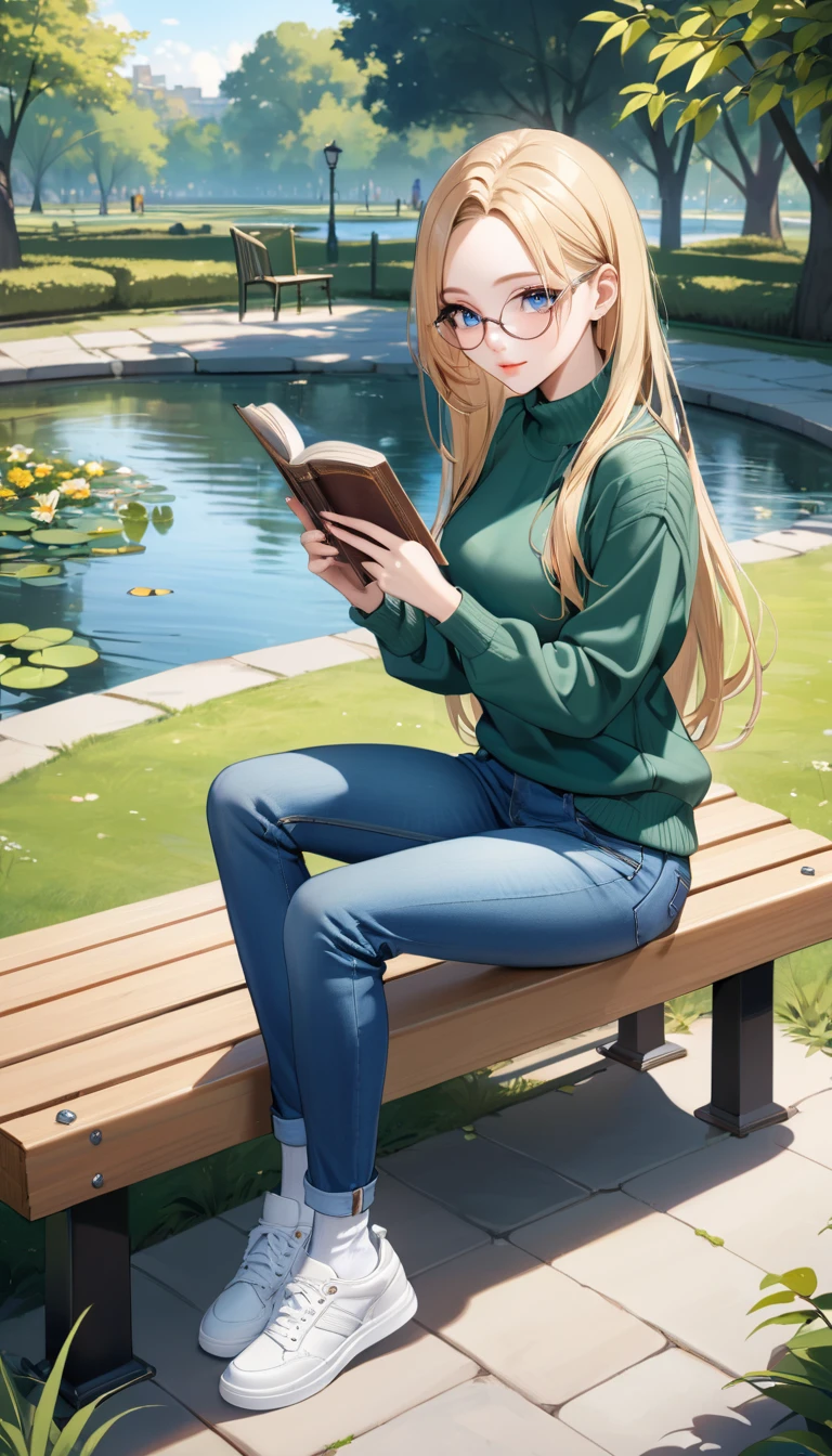 ((best quality, masterpiece:1.3, 8K)), (detailed), highly detailed face and skin texture, detailed eyes, sitting, (seductive pose:1.1), park, pond, bench, full body, (slender body:1.1), 1girl, 25 years old, white skin, blue eyes, reading glasses, bright lips, seductive smile, blonde hair, straight hair, long hair, (forehead:1.0), green sweater, jeans pants, skinny jeans, blue jeans, white sneakers,