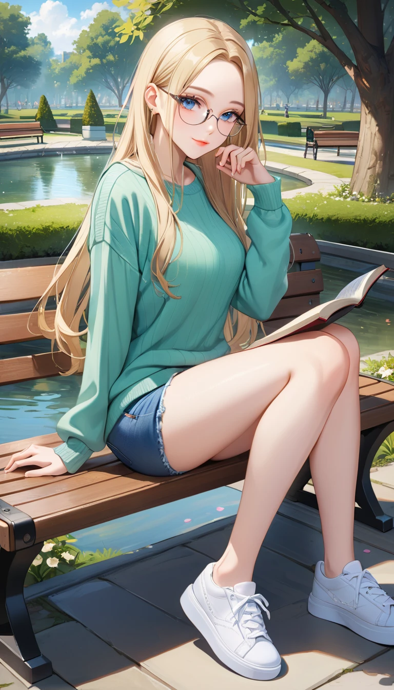 ((best quality, masterpiece:1.3, 8K)), (detailed), highly detailed face and skin texture, detailed eyes, sitting, (seductive pose:1.1), park, pond, bench, full body, (slender body:1.1), 1girl, 25 years old, white skin, blue eyes, reading glasses, bright lips, seductive smile, blonde hair, straight hair, long hair, (forehead:1.0), green sweater, jeans pants, skinny jeans, blue jeans, white sneakers,