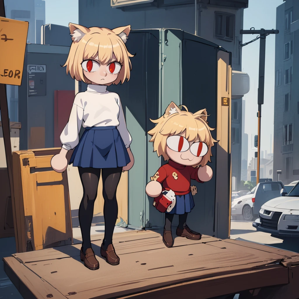 (masterpiece, best quality:1.2), necoarc, slit pupils, cat ears, blonde hair, red eyes, chibi, 1boy, solo, white turtleneck, blue skirt, pleated skirt, brown footwear, pantyhose, outdoors, pov, femboy, highlight thighs,
