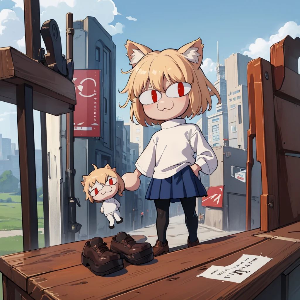 (masterpiece, best quality:1.2), necoarc, slit pupils, cat ears, blonde hair, red eyes, chibi, 1boy, solo, white turtleneck, blue skirt, pleated skirt, brown footwear, pantyhose, outdoors, pov, femboy, highlight thighs,