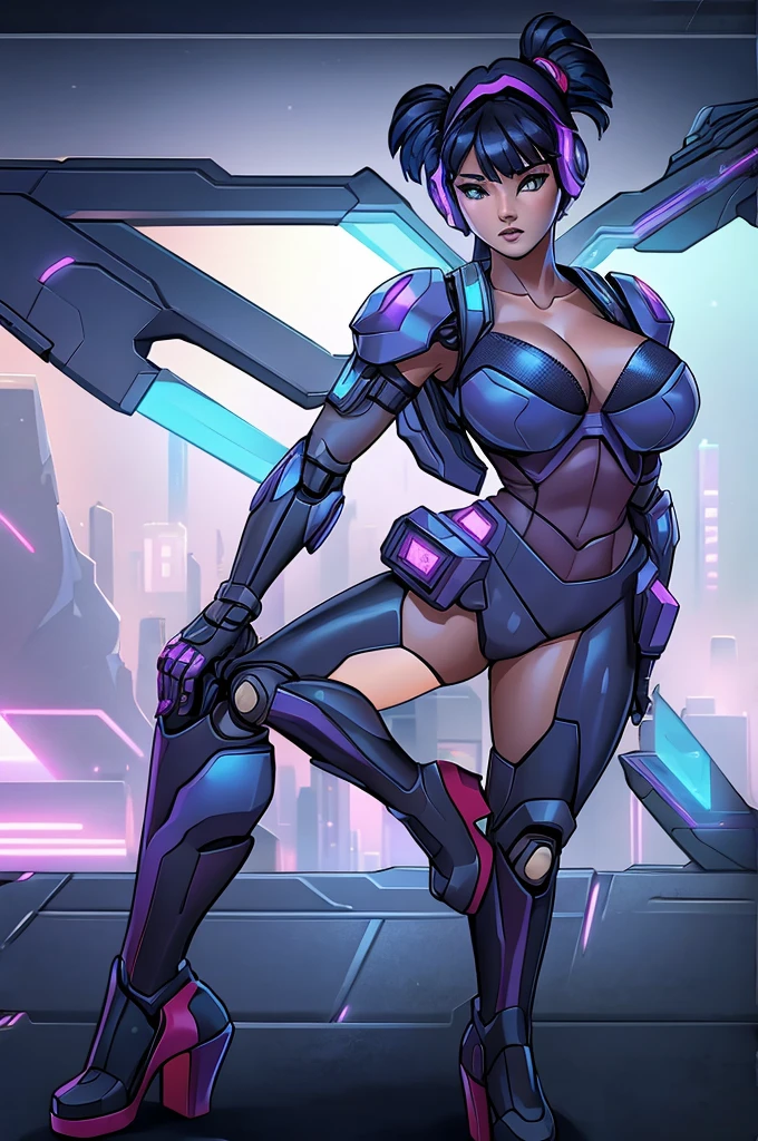 a girl wearing mecha cyber armor,technology bodysuit,smart lines in the costume,cleavage,tech boots,tech gloves,(mechanized valkyrie girl),full body,high heels,intricate details,hyper realistic,8k,award winning,cinematic lighting,dynamic pose,dramatic colors,complex patterns,futuristic,cyberpunk,chiaroscuro lighting,highly detailed,photorealistic,unreal engine,volumetric fog,advanced rendering, Hand aiming with gun..