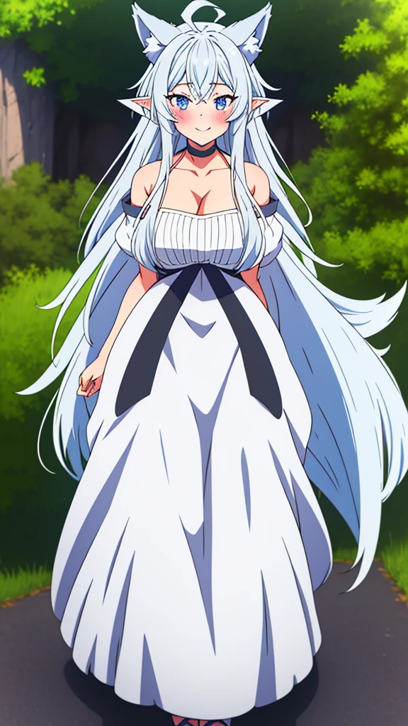 lvl2kara, Fenrys, Fenrisu, long hair, silver hair, light blush, smile, wolf girl, starrystarscloudcolorful, full body, adult, FenrysLv2, grey hair, very long hair, blue eyes, wolf ears, pointy ears, choker, white dress, bare shoulders, black ribbon, cleavage, strap slip