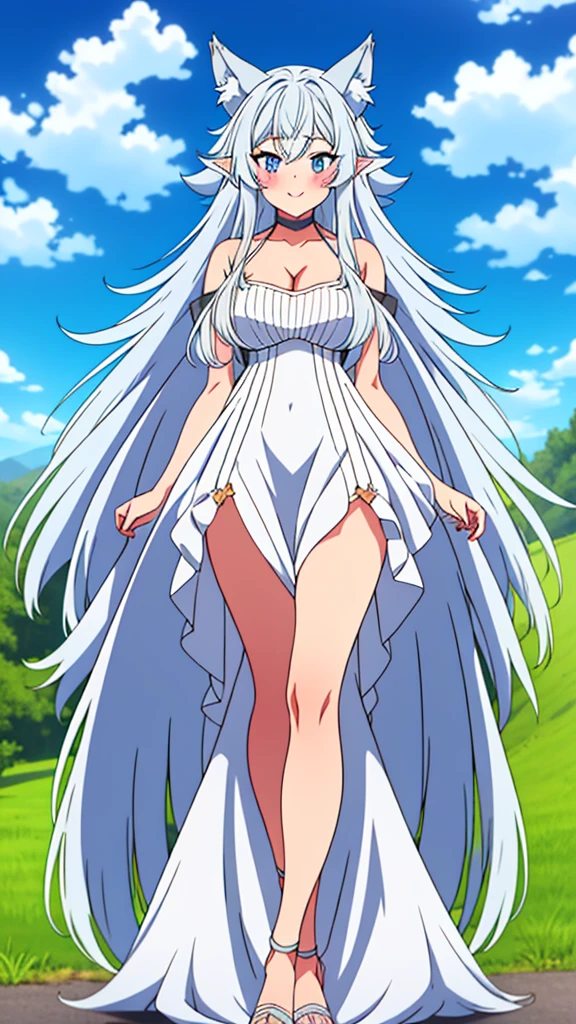 lvl2kara, Fenrys, Fenrisu, long hair, silver hair, light blush, smile, wolf girl, starrystarscloudcolorful, full body, adult, FenrysLv2, grey hair, very long hair, blue eyes, wolf ears, pointy ears, choker, white dress, bare shoulders, black ribbon, cleavage, strap slip