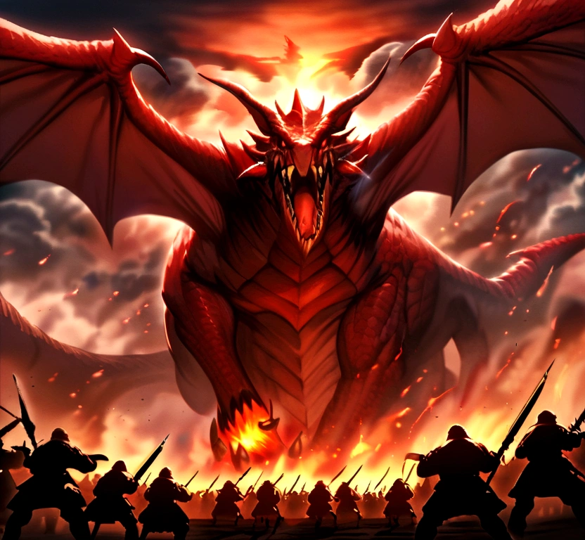 Producing an awesome picture：A huge red dragon and a huge army started a fierce battle, Intense fire and stormy sky in the background.
