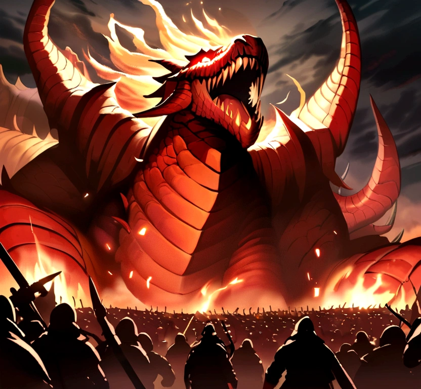 Producing an awesome picture:A huge red dragon and a huge army started a fierce battle, Intense fire and stormy sky in the background.