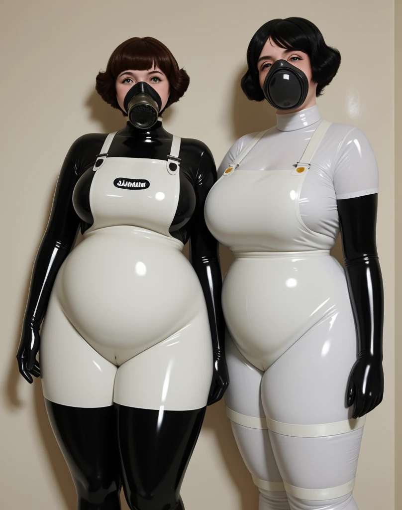 a fat woman in a gas mask, latex body suit, rubber apron and latex gloves