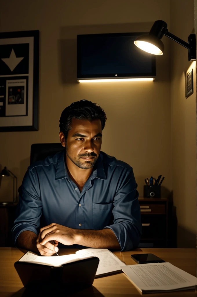 Prompt: "A father working very late in a dark office with a desk light, while the son is at home in the room, lying in the bed, looking at the cell phone and with a PSP connected to the side."