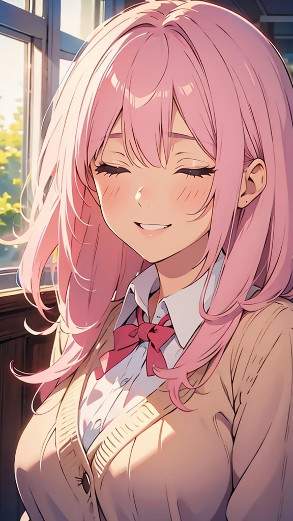 8k,(High quality:1.4),(best quality:1.4),(masterpiece:1.4),(busty breasts:1.4),(beautiful face:1.3),(beautiful woman:1.3),(pale pink hair:1.4),medium hair,a mole around the mouth,(enjoy:1.6),(closed eyes:1),(burst into laughter:1.4), (squinting:1.2)(school uniform:1.1),(beige sweater:1.2),(close-up:1.2),a bow tie