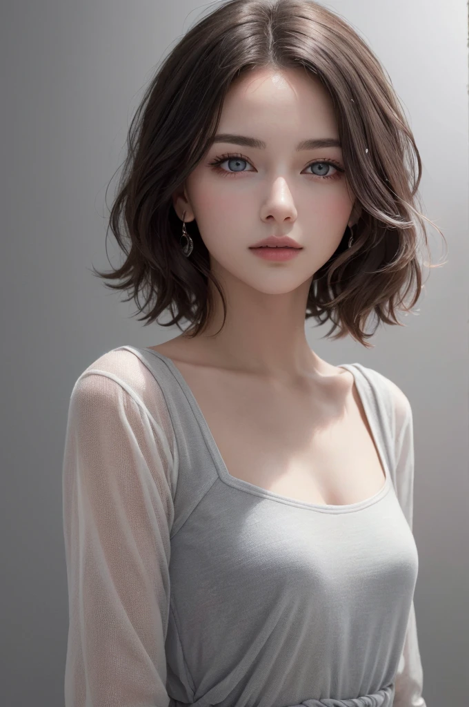 8K Ultra HD、RAWphotograph、モデルphotograph撮影、 European Fashion、(masterpiece、Highest quality、Realistic、High resolution、photograph:1.3)、close、focus on、Hot Model、slim、30 year old mature woman、Small face、No makeup、short hair、Beautiful dark brown Hayne eyes、Genuineスキン、(Perfect body)、Sexy hot face、sexual sight、slim、dress、Long sleeve、Beautiful eyes in every detail、Glossy lips、Small breasts、Small breasts、((Bright light、Dynamic Lighting、Genuine、超Genuine、 realism、Genuineなディテール、Cool Beauty、Cool pose、Background gray、Plain gray background