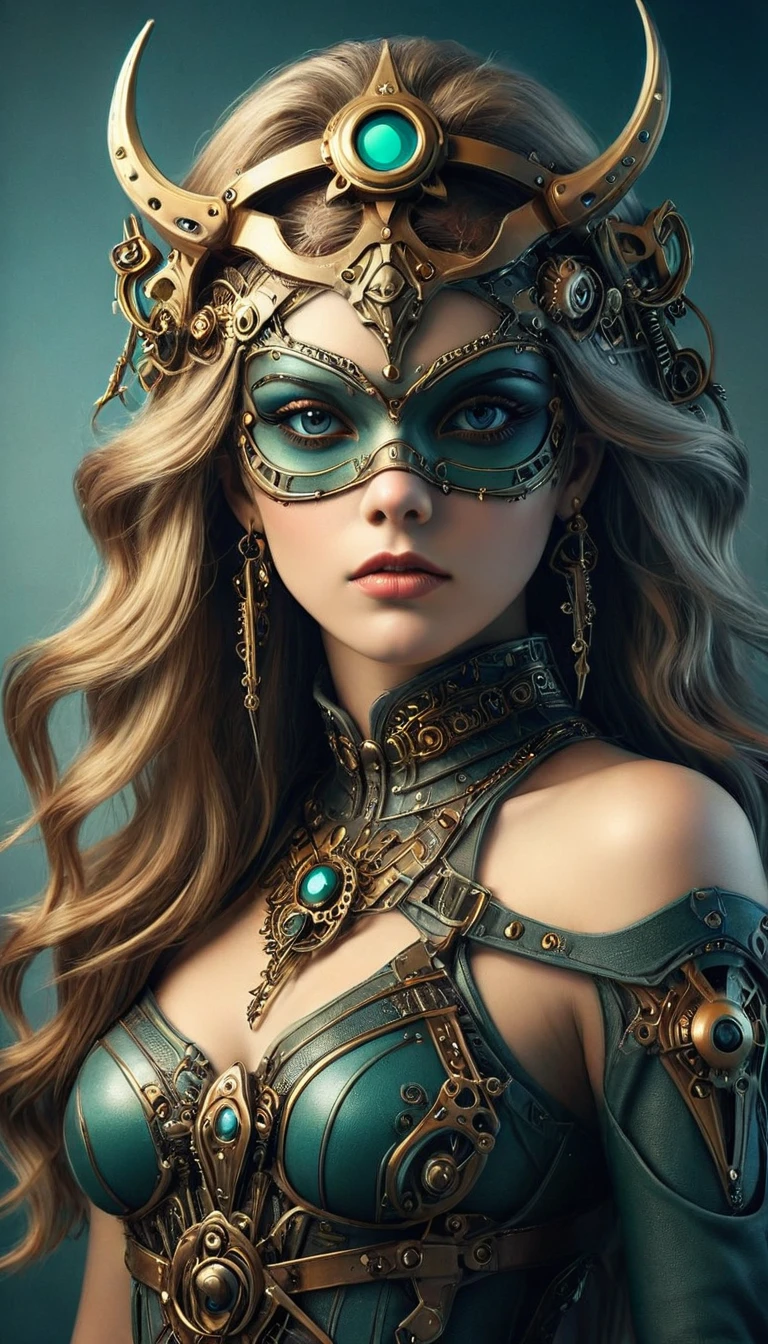 ( High quality , Ultra-detail, carefully with your hand )tarot card, chiaroscuro technique on sensual illustration of an queen of sword, a age fashion model wearing an exo-skeleton mask, vibrant colors, futuristic cyberpunk style, intricate details, cinematic lighting, dramatic pose, an elegant complex bio mechanical onyx and gold, intricate details, official art, unity 8k wallpaper, ultra detailed, beautiful and aesthetic, beautiful, masterpiece, best quality, the most beautiful form of chaos, elegant, a brutalist designed, vivid colours, romanticism, atmospheric