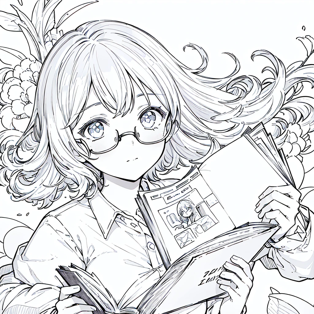 A girl,close up, wearing white shirt, reading a book, (best quality:1.3), (highres:1), (detailed:1.3), (incredible:1.3), (perfect:1.3), (perfection:1.3), (illustration:1.3), she's getting fun while reading it, dynamic on scene,Wear glasses