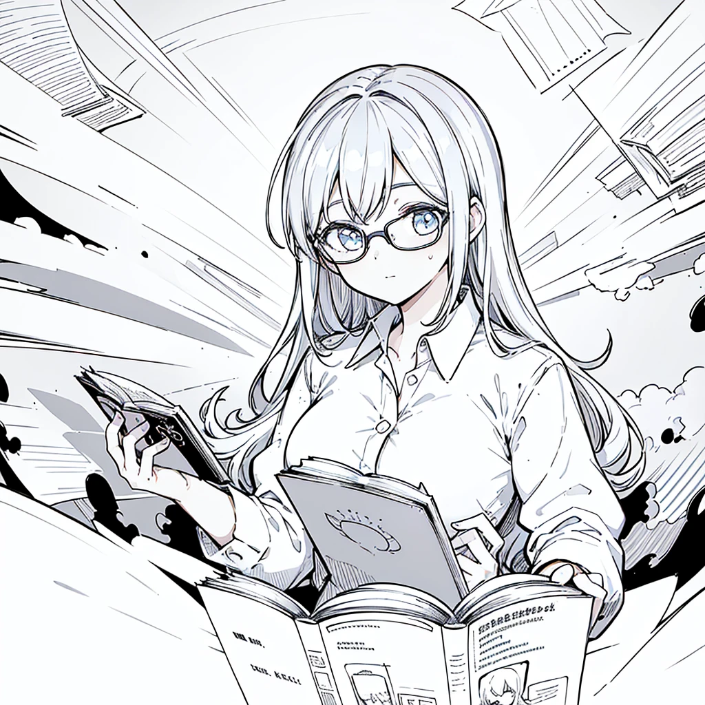 A girl,close up, wearing white shirt, reading a book, (best quality:1.3), (highres:1), (detailed:1.3), (incredible:1.3), (perfect:1.3), (perfection:1.3), (illustration:1.3), she's getting fun while reading it, dynamic on scene,Wear glasses