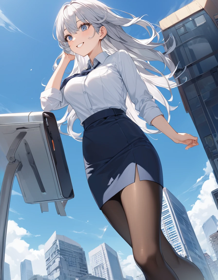 8K, Highest quality, masterpiece, Wallpapers by Unity 8K, office、(One Girl) , 、 Perfect detail, (Best lighting) , (Very intricate detail)、Big eyes、masterpieceサイドライト、(((Silver Hair))),(Her hair color is a blue-gray gradient), Semi-long hair, Very detailed, ,Larger breasts、office lady, {Navy blue business suit、white business shirt, Navy blue pencil skirt、 pantyhose}, Outdoor、skyscraper、blue sky、from below, View here、smile