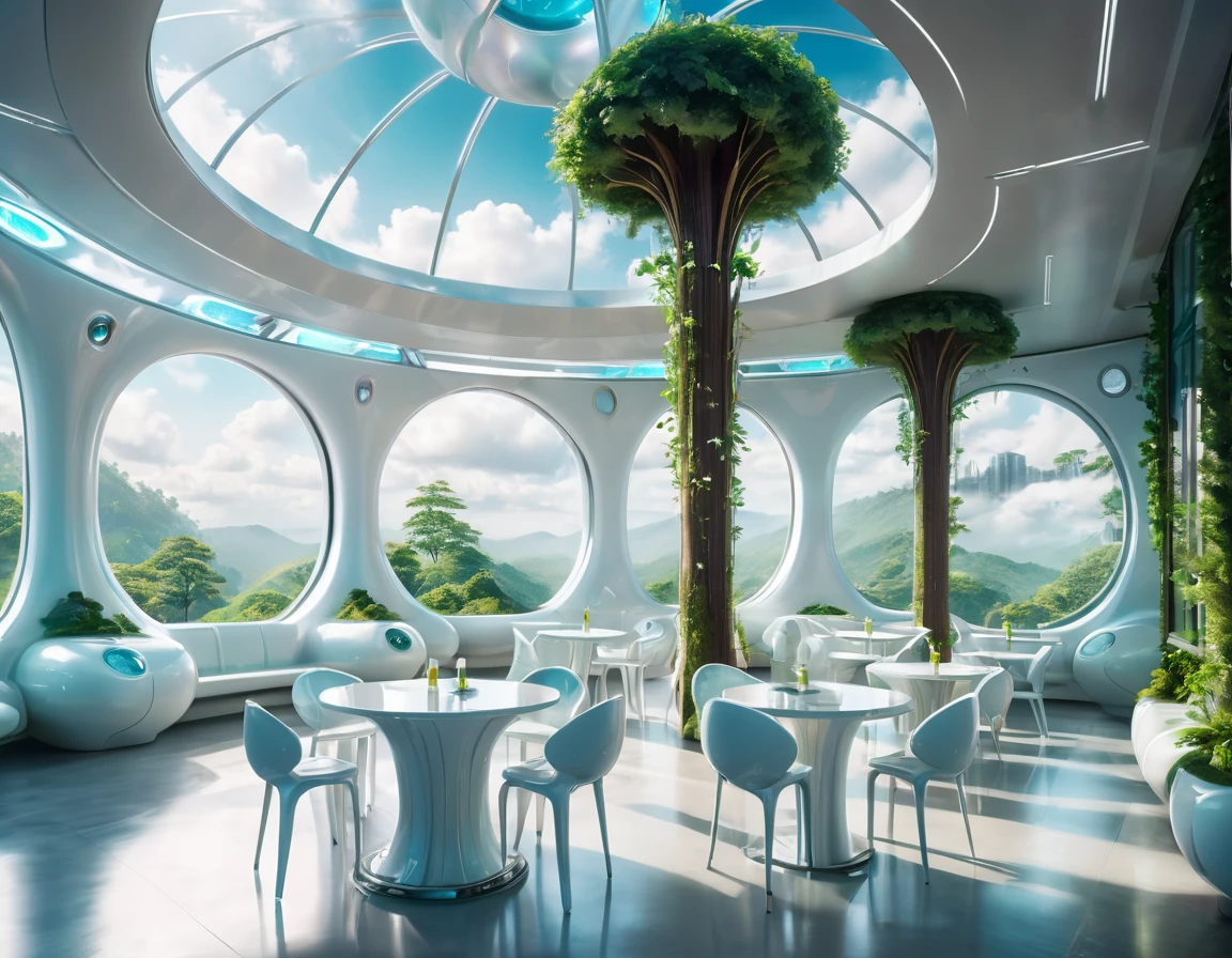 ultra-realistic solarpunk canteen in suspended building, futuristic design with round bar counter made of reflective white polyethylene, chairs and tables in a room with large windows, futuristic and ethereal, futuristic setting, karim rashid, futuristic interior, smooth utopian design,in a lush forest backdrop, surreal design, by Zha Shibiao, futuristic decoration, solarpunk cantine, cafe in the clouds, surreal sci fi set design, futuristic architecture concept, natural and volumetric lighting, sharp focus, vibrant colors,high saturation,high contrast,very high resolution,HDR,8k, masterpiece, best quality