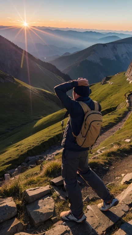 same man at the top of the mountain Celebrating looking at the sun rising in the distance