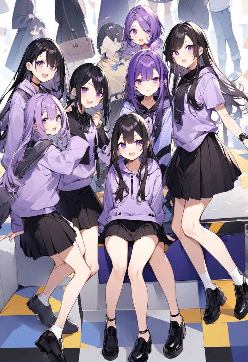 Keito。Purple hoodie。Black Skirt。Purple Eyes。Black Hair。Black shoes下。Black shoes。6 people。The eldest daughter has purple hair