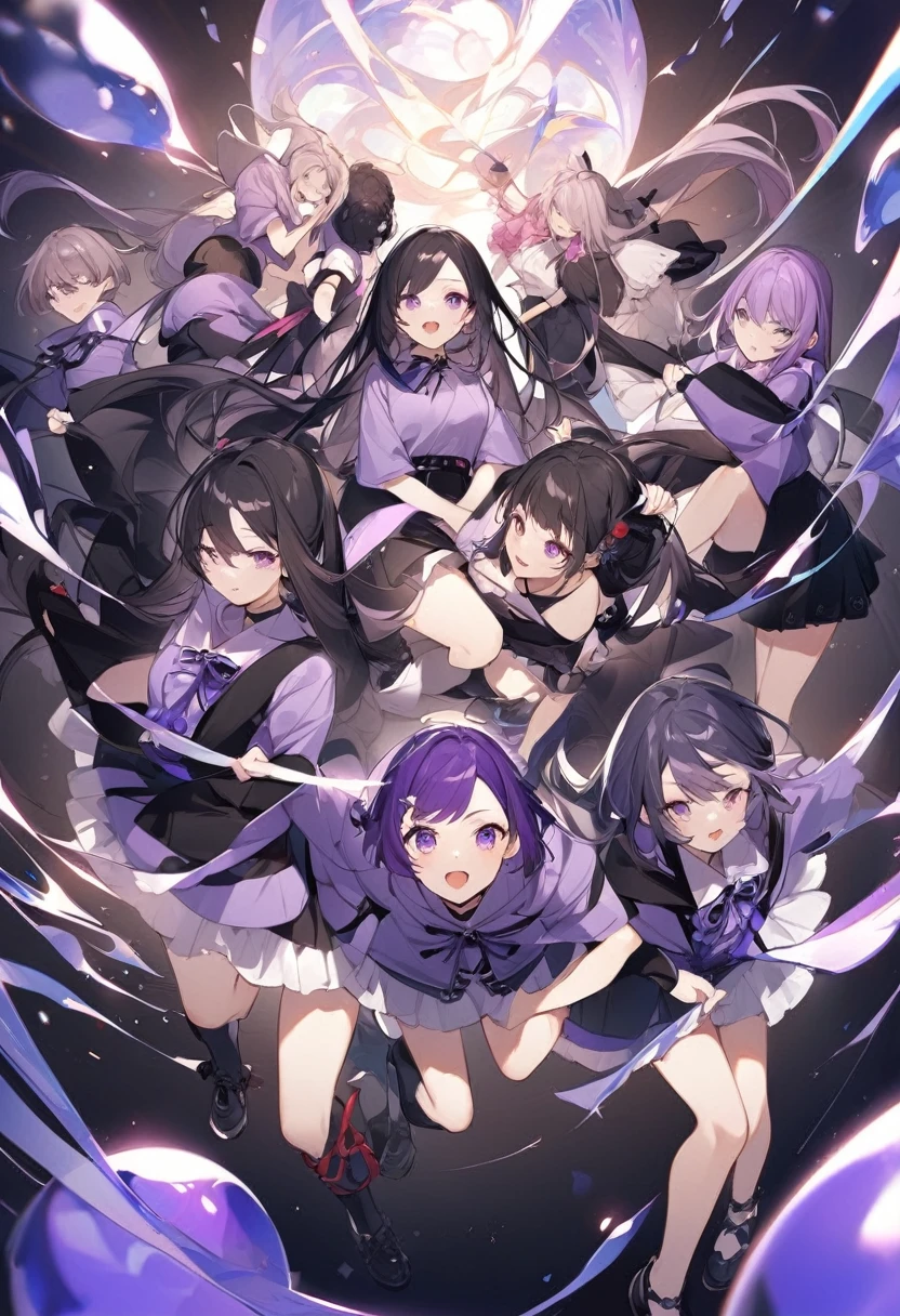 Keito。Purple hoodie。Black Skirt。Purple Eyes。Black Hair。Black shoes下。Black shoes。6 people。The eldest daughter has purple hair