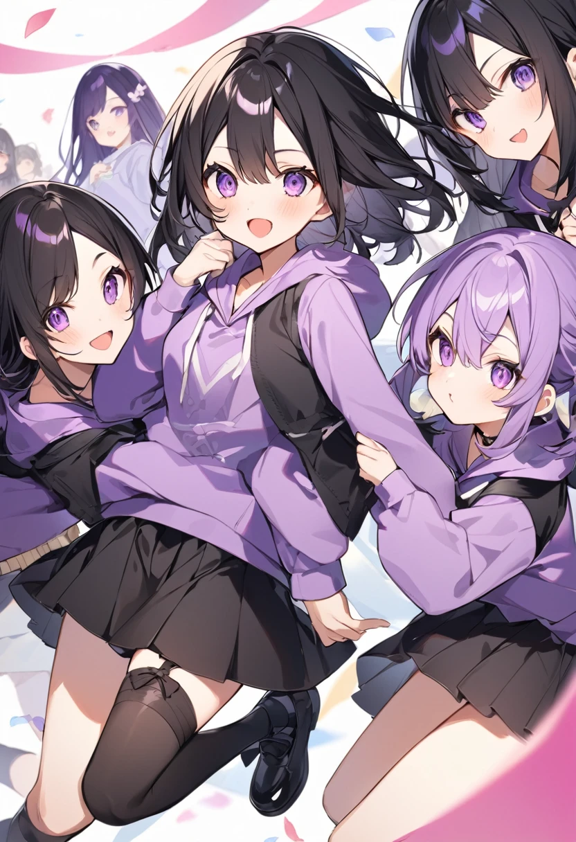 Keito。Purple hoodie。Black Skirt。Purple Eyes。Black Hair。Black shoes下。Black shoes。6 people。The eldest daughter has purple hair