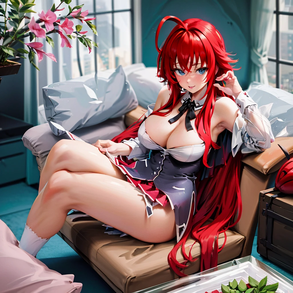 masterpiece, best quality, highres, rias gremory, 1girl, long hair, red hair, ahoge, blue eyes, large breasts, very long hair, breasts, huge ahoge,wearing edgGarterbelt,on bed ,wariza