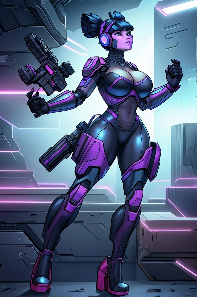 a girl wearing mecha cyber armor,technology bodysuit,smart lines in the costume,cleavage,tech boots,tech gloves,(mechanized valkyrie girl),full body,high heels,intricate details,hyper realistic,8k,award winning,cinematic lighting,dynamic pose,dramatic colors,complex patterns,futuristic,cyberpunk,chiaroscuro lighting,highly detailed,photorealistic,unreal engine,volumetric fog,advanced rendering, Hand aiming with gun..