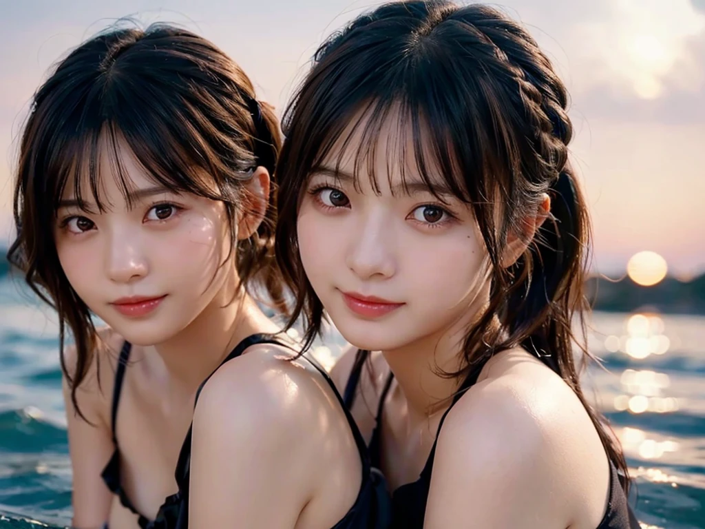 8K、Two beautiful girls,Kissing Face,Rembrandt Lighting,(Photorealistic:1.2), (Highest quality), (Detailed skin:1.3), (Intricate details), Black Hair, (Twin tails:1.2),Ray Tracing,Two Girls, In detail,real，RAW Photos & Realistic atmosphere,、Beautiful, shining lips, Detailed face、Cheek to cheek， in the sea、Strong winds (Highest quality,masterpiece:1.3,Ultra-high resolution),(Very detailed,Caustics,8K),(Realistic:1.4,RAW shooting), In detail,real，Scattered beneath the surface,(blush:0.5), Detailed skin texture, (Wavy Hair:1.2), (Blunt bangs:1.2), young, cute face, Baby Face, Realistic fa beautifully detailed eyes, Droopy eyes, Big black eyes, Beautiful and clear eyes,ce,Japanese,cute,Black long and short hair,Looking at the camera,Collarbone Bare Skin,Shoulder Bare Skin,(Face Focus:1.1),(Face close-up:1.1),Wet Skin,Sunset,Natural light
