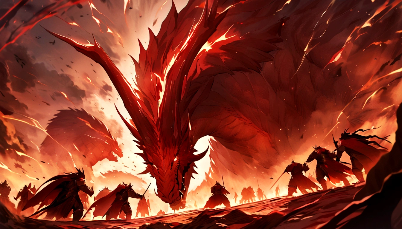Produces a mesmerizing image，Depicting an epic battle between a giant red dragon and a brave army., Both sides demonstrated their strength and power in a visually impactful way.