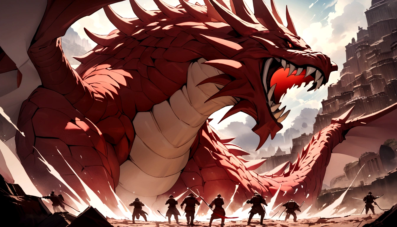 Produces a mesmerizing image，Depicting an epic battle between a giant red dragon and a brave army., Both sides demonstrated their strength and power in a visually impactful way.