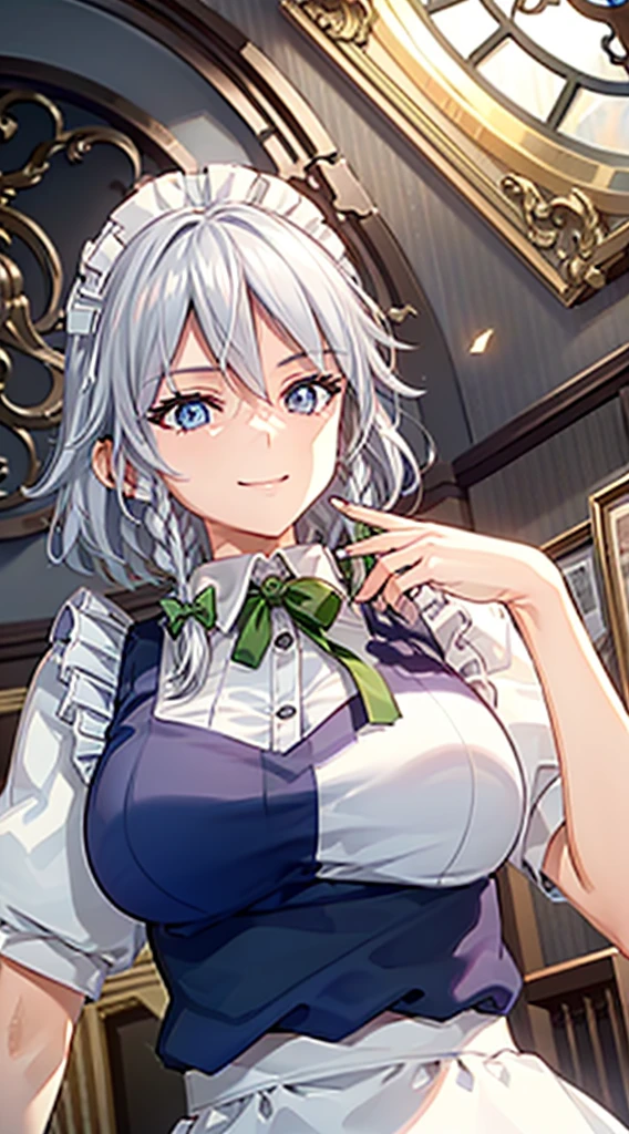 (Unity 16K Wallpaper, masutepiece, Best Quality, Ultra-detailed, extremely details CG, Cinematic lighting, Detailed, Beautiful detailed eyes, Solo),超A high resolution,Fine skin,A sexy,maid, maid apronl, Maid headdress,Knives,Seductive smile,From below,throwing knife,Floating hair, Wind, Indoors,