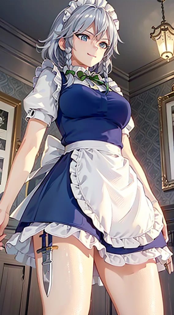 (Unity 16K Wallpaper, masutepiece, Best Quality, Ultra-detailed, extremely details CG, Cinematic lighting, Detailed, Beautiful detailed eyes, Solo),超A high resolution,Fine skin,A sexy,maid, maid apronl, Maid headdress,Knives,Seductive smile,From below,throwing knife,Floating hair, Wind, Indoors,