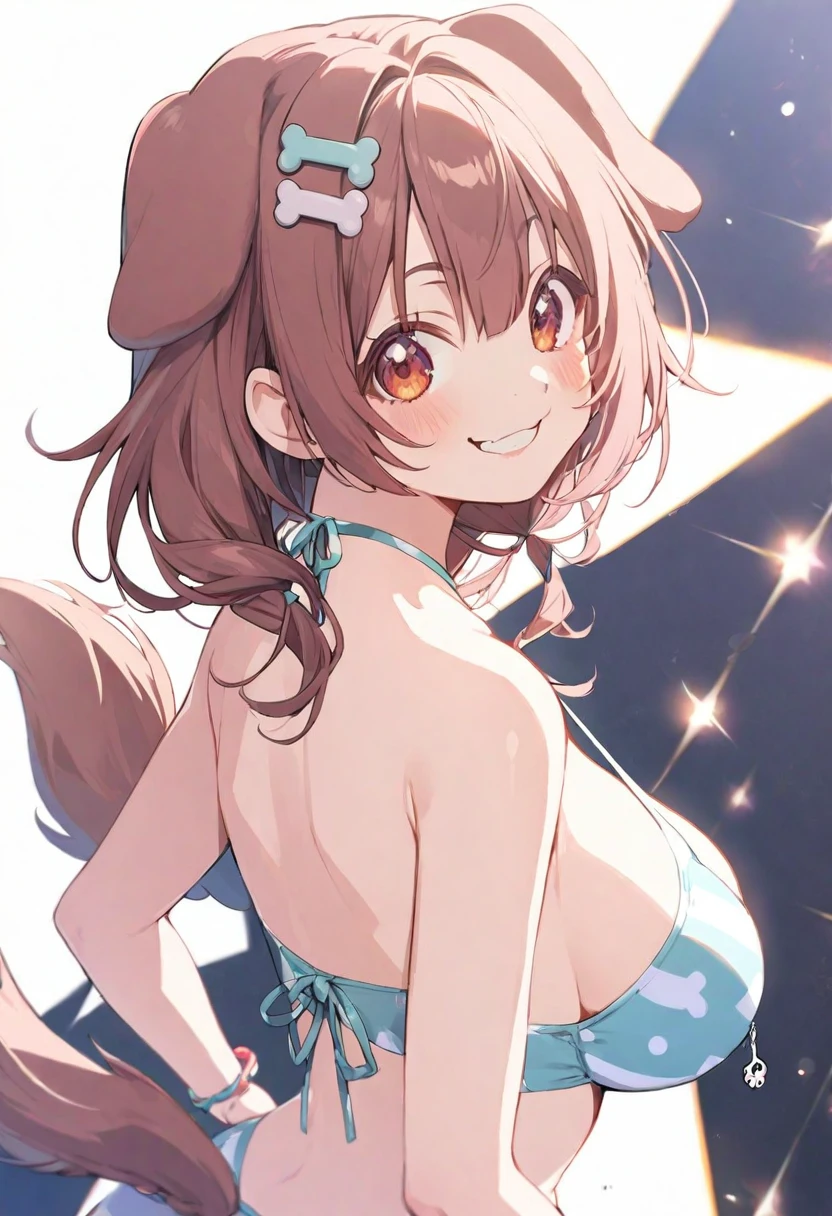 1 girl, vtuber style, cool girl, hololive, Inugami Korone, dog ears, dog tail, swimsuit, big chest, cropped shoulders, clavicle from behind, looking back, smile, (whole body), standing,
