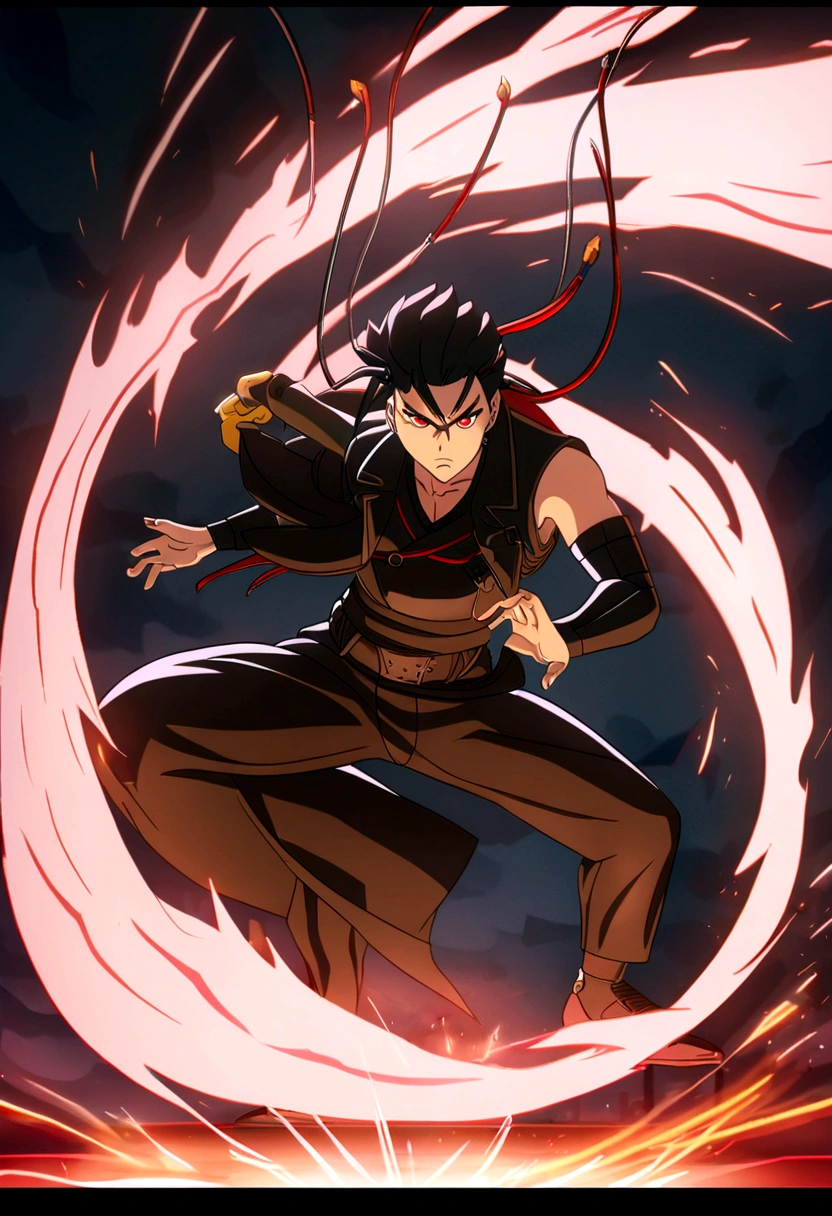 Bittonio, immortal deity, tall, well-built, agile, long black hair, piercing red eyes, determined expression, black attire, leather vest, katana master, precision, intense focus, dynamic motion, sparks, agile footwork, skilled combatant, anime style, 8k detailled