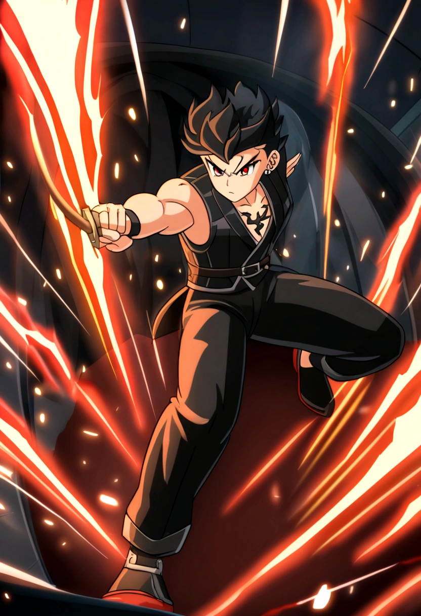 Bittonio, immortal deity, tall, well-built, agile, long black hair, piercing red eyes, determined expression, black attire, leather vest, katana master, precision, intense focus, dynamic motion, sparks, agile footwork, skilled combatant, anime style, 8k detailled