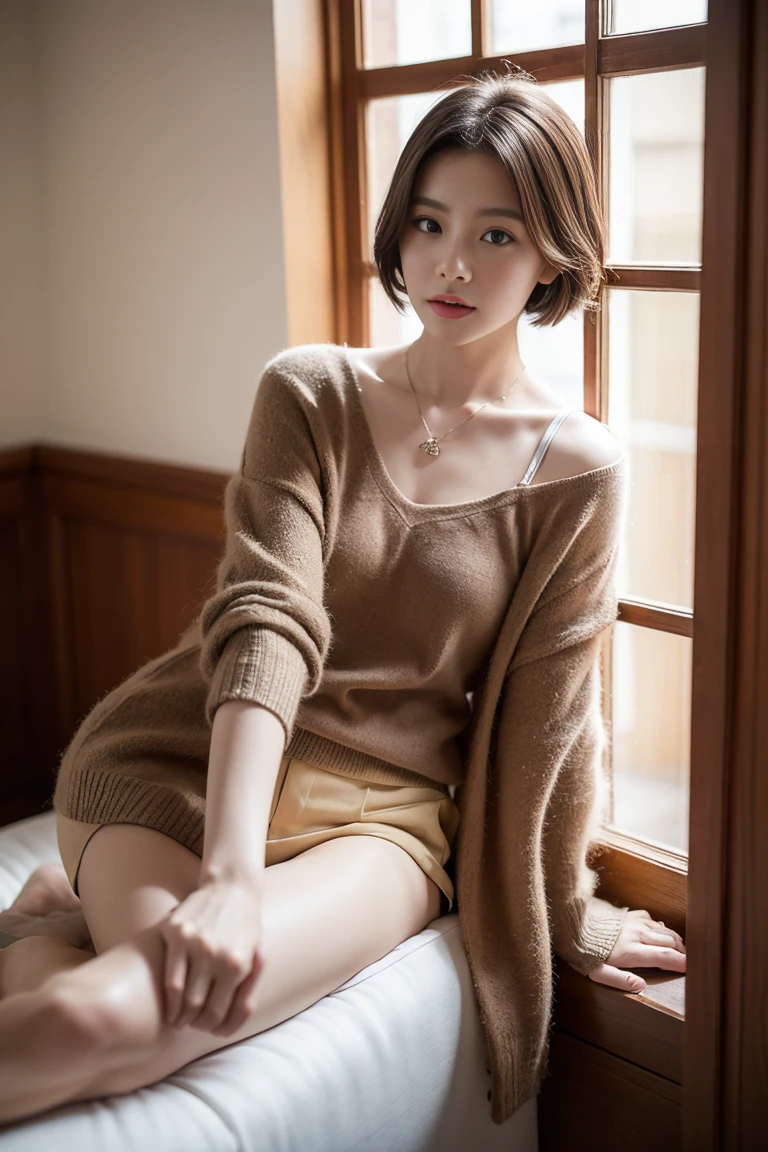 ((masutepiece,top-quality)), (photographrealistic:1.4),((masutepiece,8K))、white wall、(white room)、((full body photo))、shot in natural light、Highly detailed face and skin texture、highly detailed lips、correct state of the human body、Super high resolution、(Photoreal:1.4)、top quality, 1 beautiful woman, 38 years old, s, 150mm lens、Light yellow Knit、(Dark brown medium shorthair)、Japanese woman、(dark brown hair)、Versatile poses、looking at the camera、Natural color lip、Winter clothes、 necklace、indoor