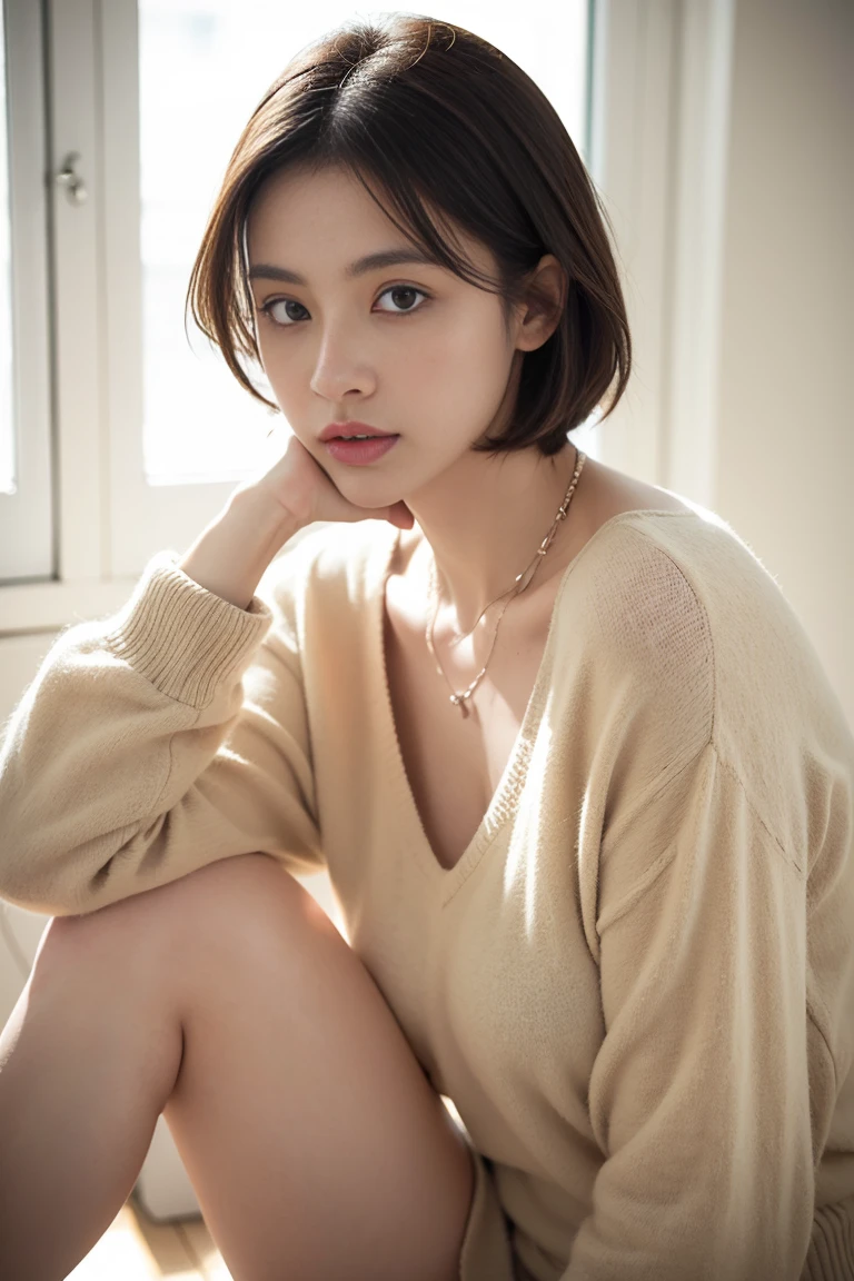 ((masutepiece,top-quality)), (photographrealistic:1.4),((masutepiece,8K))、white wall、(white room)、((full body photo))、shot in natural light、Highly detailed face and skin texture、highly detailed lips、correct state of the human body、Super high resolution、(Photoreal:1.4)、top quality, 1 beautiful woman, 38 years old, s, 150mm lens、Light yellow Knit、(Dark brown medium shorthair)、Japanese woman、(dark brown hair)、Versatile poses、looking at the camera、Natural color lip、Winter clothes、 necklace、indoor